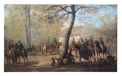 peinture d'un groupe de personnes à cheval dans une zone boisée