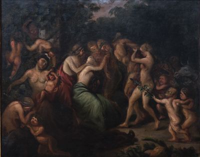 une image d'un tableau représentant un groupe de personnes dans une forêt