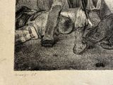 drawing of a man standing next to a bed in a room