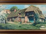 une peinture à l'huile représentant une maison au toit de chaume dans un décor champêtre