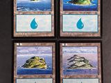 four cards with a picture of an island and a drop of water