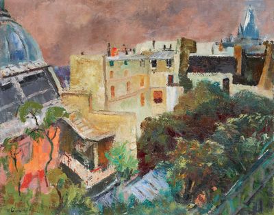 une peinture à l'huile représentant une vue d'une ville surmontée d'un dôme