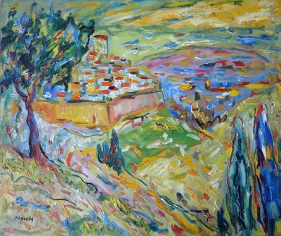 une peinture à l'huile représentant un village situé sur une colline, entouré d'arbres