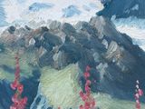 a painting of a mountain with red flowers in the foreground