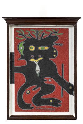 painting of a black cat with green eyes on a red background