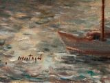a painting of a boat in the water on a cloudy day