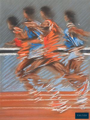 une image représentant un tableau où l'on voit un groupe de personnes courir sur une piste