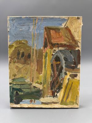 une peinture représentant une peinture d'une maison et d'un camion