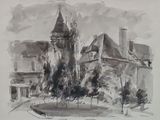 painting of a building with a clock tower in the middle of it