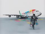 un tableau représentant un homme marchant vers un avion