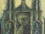 tableau représentant une grande cathédrale avec une horloge sur sa façade