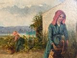 an oil painting of a woman with a basket in front of a house