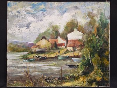 a painting of a boat on the water near a village