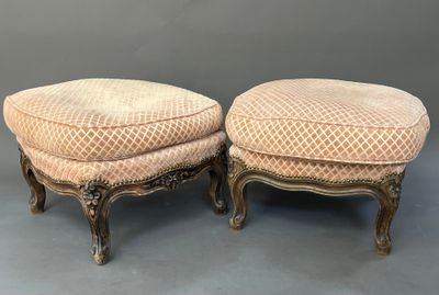 a pair of antique french style foot stools with upholstered cushions