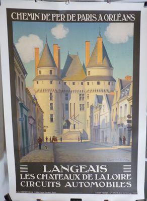 affiche de voyage française représentant une scène de rue avec un château en arrière-plan