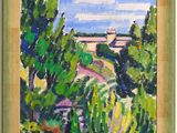 une peinture d'un paysage avec des arbres et une maison au loin
