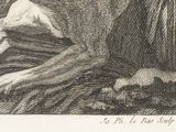 a black and white drawing of a dog laying on a bed