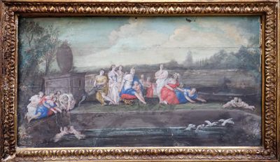 une image d'un tableau représentant un groupe de personnes dans un parc