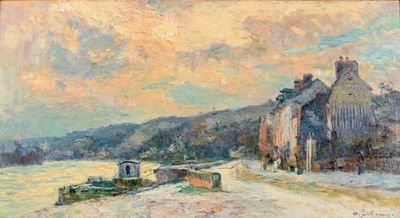 une image représentant une peinture d'une maison et d'un bateau dans la neige