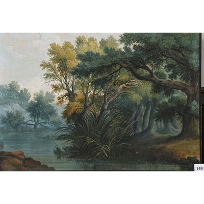 l'image d'une peinture représentant une rivière avec des arbres en arrière-plan