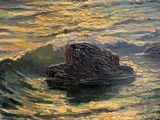 an oil painting of a rock in the middle of a body of water