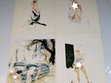 four cards with a picture of a woman in a bathing suit and a car with a star on it