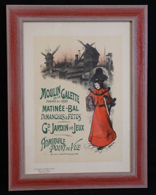 a framed picture of a woman in a red dress and a windmill