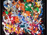 abstract painting of multicolored paint splattered on a black background
