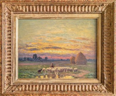 an oil painting of sheep grazing in a field with a sunset in the background