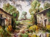 painting of a painting of a rural scene with a stream in the foreground