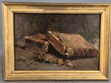 une peinture à l'huile représentant un livre posé sur une table, à côté d'un tas de feuilles mortes
