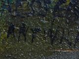 a painting of a group of people riding horses in the rain