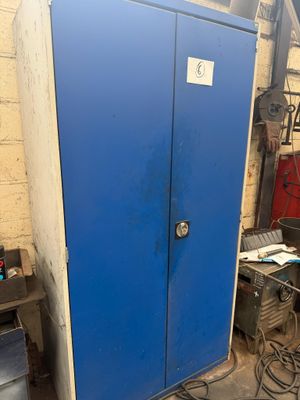 a blue cabinet in a garage with a lot of tools