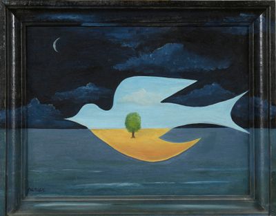 an image of a painting of a bird flying over a body of water