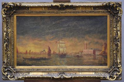 an oil painting of a boat in a body of water near a building