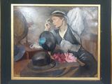 tableau représentant une femme avec un chapeau et un chapeau posé sur une table