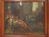 une peinture à l'huile représentant une femme assise sur une chaise dans une pièce