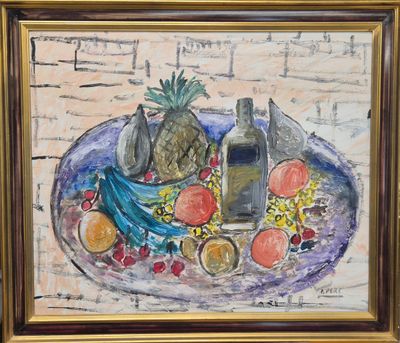 une peinture représentant une assiette de fruits et une bouteille d'huile d'olive