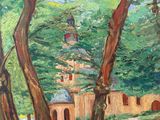 painting of a church surrounded by trees in a wooded area