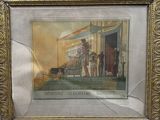 framed picture of a painting of a man and a dog in front of a building