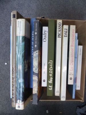 de nombreux livres qui se trouvent dans une boîte posée par terre