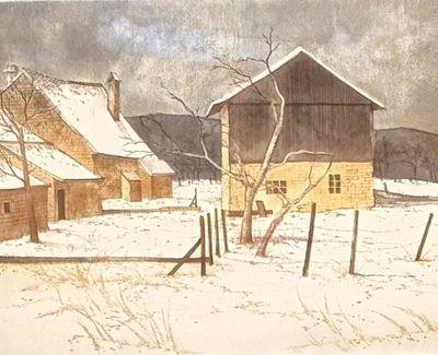 a painting of a farm in the snow by a fence