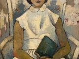 tableau représentant une jeune fille en robe blanche, assise sur une chaise, tenant un livre
