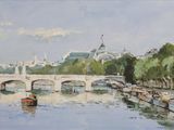 une peinture représentant des bateaux sur l'eau près d'un pont