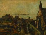 an image of a painting of a church with a steeple in the background