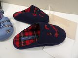 three pairs of slippers are on display in a display case