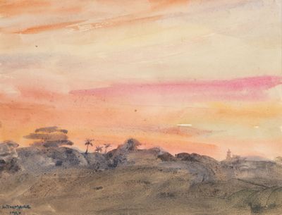 une image représentant une aquarelle d'un coucher de soleil sur un champ