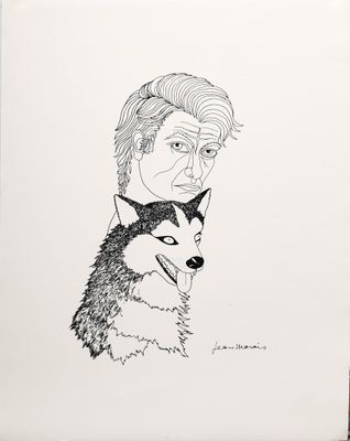 an ink drawing of a man and a dog on a table