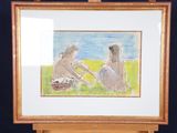 painting of two women sitting on the grass in front of a blue background