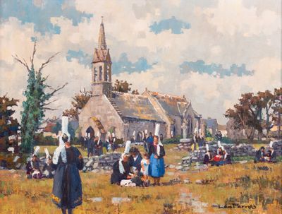 a painting of a group of people in front of a church